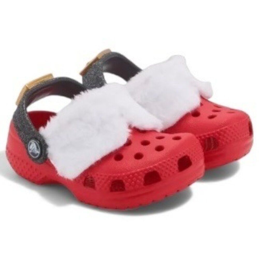 Crocs Classic Lined Santa Clog Kids J2 Red Black Fuzzy Holiday Christmas Slipper